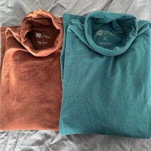 Cotton Blend Turtlenecks in Teal and Brown